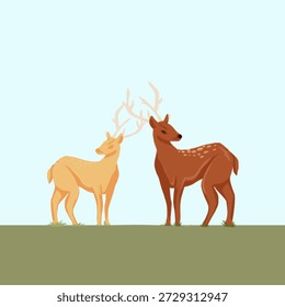 a pair of deer in a meadow against a bright blue sky