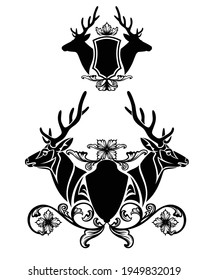 pair of deer stags with large antlers and heraldic shield decorated with flowers - vintage style coat of arms black and white vector design