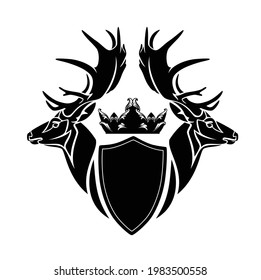 pair of deer stags with large antlers, king crown and heraldic shield - vintage style royal coat of arms black and white vector design