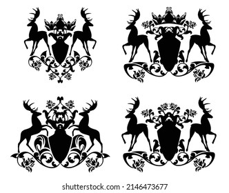 pair of deer stags with large antlers and heraldic shield decorated with rose flowers and royal crown - antique style coat of arms black and white vector design set