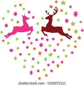 A pair of deers, pink and brown, fly towards each other in a heart made of small stars on a white background Christmas vector decor in isolation
