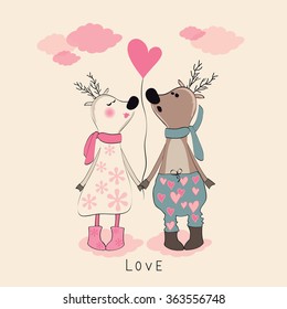 Pair of deers at Valentines day. Vector illustration.