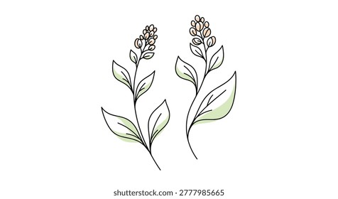 Pair of delicate hand drawn floral branches with small pink buds and light green leaves on a white background.