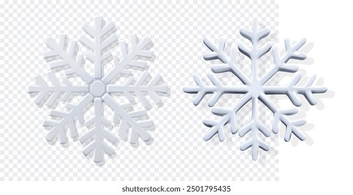 Ein Paar detaillierter 3D-Schneeflocken auf transparentem Hintergrund, perfekt für Winter- und Urlaubsdesigns und Dekorationen. Weiße Schneeflocken-Symbole einzeln auf transparentem Hintergrund.