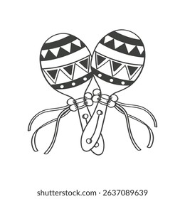 Pair of detailed hand drawn monochrome maracas with ethnic patterns. National symbol of Mexico. Sketch illustration.