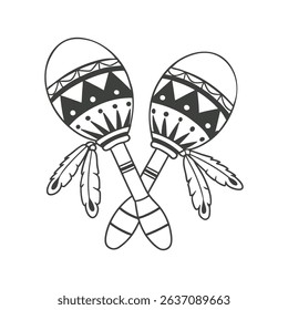 Pair of detailed hand drawn monochrome maracas with ethnic patterns. National symbol of Mexico. Sketch illustration.