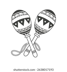 A pair of detailed hand-drawn monochrome maracas with ethnic patterns. National symbol of Mexico. Black and white illustration.