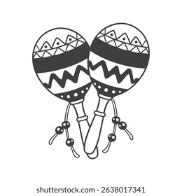 A pair of detailed hand-drawn monochrome maracas with ethnic patterns. National symbol of Mexico. Black and white illustration.