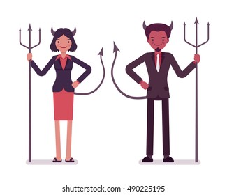 Pair of devils, man and woman isolated against white background. Cartoon vector flat-style illustration