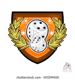 Pair of dice with golden wreath in center of shield isolated on white. Sport logo for any games of chance or board games