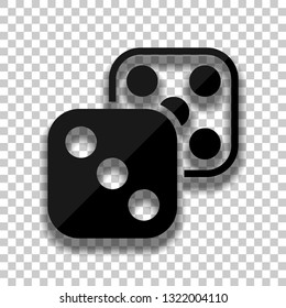 Pair of dice. Icon of azart games. Black glass icon with soft shadow on transparent background