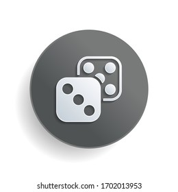 Pair of dice. Icon of azart games. White paper symbol on gray round button or badge with shadow