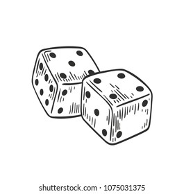 Pair of dice lying with four and five on top side drawn with black contour lines on white background. Throwable gambling device for tabletop games. Monochrome vector illustration in engraving style