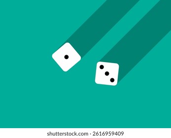 A pair of dice with numbers 1 and 3. Craps dice pair on a green table with a long shadow, top view. Casino dice game. Design for applications, banners, booklets, covers. Vector illustration