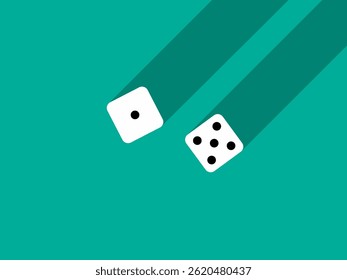 A pair of dice with numbers 1 and 5. Craps dice pair on a green table with a long shadow, top view. Casino dice game. Design for applications, banners, booklets, covers. Vector illustration