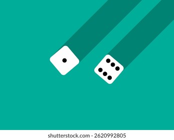 A pair of dice with numbers 1 and 6. Craps dice pair on a green table with a long shadow, top view. Casino dice game. Design for applications, banners, booklets, covers. Vector illustration