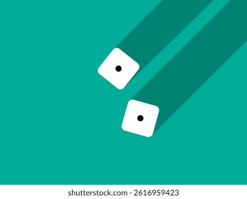 A pair of dice with numbers 1 and 1. Craps dice pair on a green table with a long shadow, top view. Casino dice game. Design for applications, banners, booklets, covers. Vector illustration