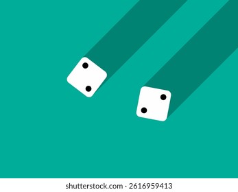 A pair of dice with numbers 2 and 2. Craps dice pair on a green table with a long shadow, top view. Casino dice game. Design for applications, banners, booklets, covers. Vector illustration