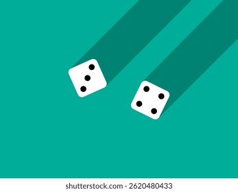 A pair of dice with numbers 3 and 4. Craps dice pair on a green table with a long shadow, top view. Casino dice game. Design for applications, banners, booklets, covers. Vector illustration