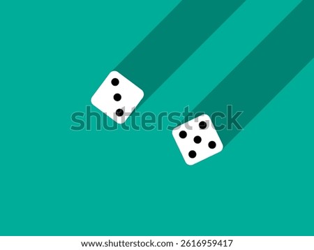 A pair of dice with numbers 3 and 5. Craps dice pair on a green table with a long shadow, top view. Casino dice game. Design for applications, banners, booklets, covers. Vector illustration