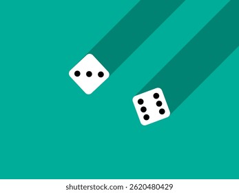A pair of dice with numbers 3 and 6. Craps dice pair on a green table with a long shadow, top view. Casino dice game. Design for applications, banners, booklets, covers. Vector illustration
