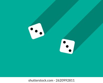 A pair of dice with numbers 3 and 3. Craps dice pair on a green table with a long shadow, top view. Casino dice game. Design for applications, banners, booklets, covers. Vector illustration