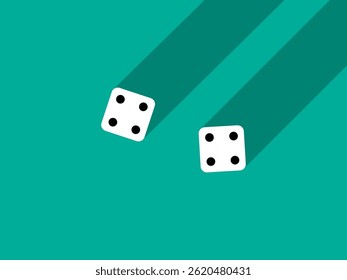 A pair of dice with numbers 4 and 4. Craps dice pair on a green table with a long shadow, top view. Casino dice game. Design for applications, banners, booklets, covers. Vector illustration