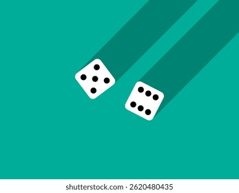 A pair of dice with numbers 5 and 6. Craps dice pair on a green table with a long shadow, top view. Casino dice game. Design for applications, banners, booklets, covers. Vector illustration