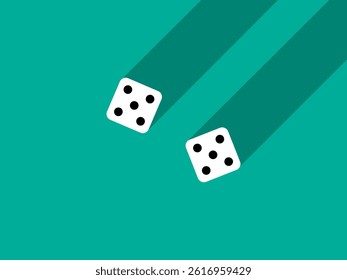 A pair of dice with numbers 5 and 5. Craps dice pair on a green table with a long shadow, top view. Casino dice game. Design for applications, banners, booklets, covers. Vector illustration