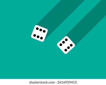 A pair of dice with numbers 6 and 6. Craps dice pair on a green table with a long shadow, top view. Casino dice game. Design for applications, banners, booklets, covers. Vector illustration