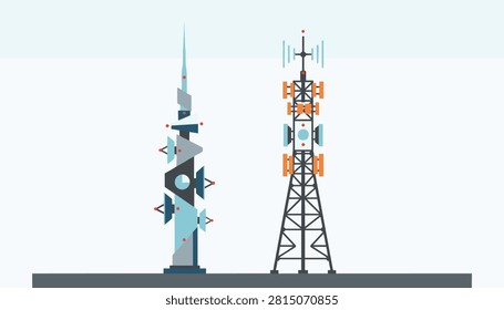 Pair of different telecommunications towers showing modern cellular network antennas and satellite transmitter dishes.