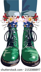 Pair of Doc Martens legendary vintage leather green boots with wildflowers. Hand drawn fashion vector illustration.