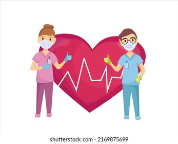 A pair of doctors in a face mask on the background of the heart. Vector illustration of cardiac cardiology
