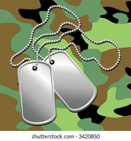 Pair of dog tags or identity plates with copy space over camouflage background