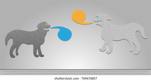 
A pair of dog are talking. Paper style with shadow, texture, orange and blue color