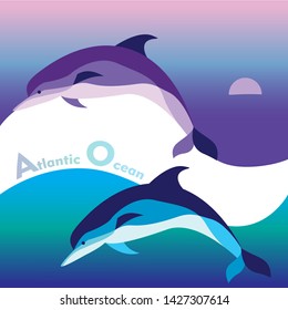 a pair of dolphins frolic in the ocean waves at sunset. the color of the sea. 
vector illustration. EPS 10.