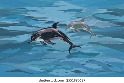a pair of dolphins jumping on the surface of the sea