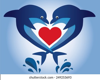 a pair of dolphins and a red heart on a blue background