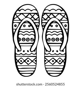 a pair of doodle flip-flops with intricate geometric and wave patterns. Vector hand drawn illustration