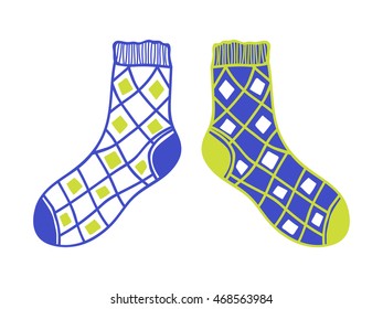 Pair of doodle socks isolated on white background. Clothing, accessory.