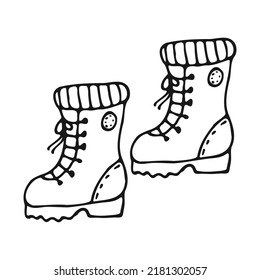 A pair of doodle-style hiking boots. Shoes hand drawn black outline on a white background. Vector illustration.