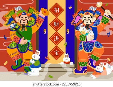 A pair of door gods with bunnies in flat illustration. Text: Bring in wealth and treasures