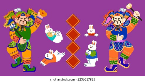 A pair of door gods, four bunnies in Chinese costumes and spring couplets isolated on purple background