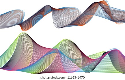 A pair of double-layered ribbon waves with the top ribbon in a quick flow of dark red and blue lines and the bottom ribbon in a mountain range of green, pink and blue colors.