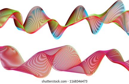 A pair of double-layered ribbon waves with the top ribbon in a tumbled flow of bright and dark colored lines and the bottom ribbon in a breezy flow of striped pink and green gradient colors.