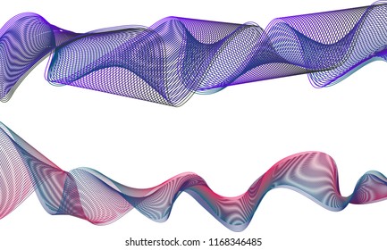 A pair of double-layered ribbon waves with the top ribbon in a switchback flow of deep purple and teal lines and the bottom ribbon in a river flow of dark cherry red and teal blue colors.