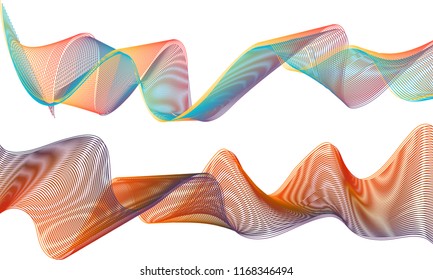 A pair of double-layered ribbon waves with the top ribbon in a tumbled flow of bright orange, yellow and teal lines and the bottom ribbon in a windswept flag of gradient orange and deep purple hues.
