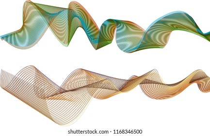 A pair of double-layered ribbon waves with the top ribbon in a whiplash of dark green, blue and orange lines and the bottom ribbon in a tidal wave of chocolate brown and caramel orange tones.