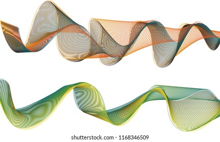 A pair of double-layered ribbon waves with the top ribbon in a echoing wave of dark orange and green lines and the bottom ribbon in a gentle wave of dark green and golden yellow colors.