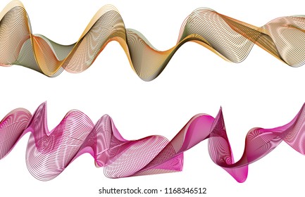 A pair of double-layered ribbon waves with the top ribbon in a curvy wave of dark orange and dark green lines and the bottom ribbon in a swiftly moving wave of light and dark pink tones.